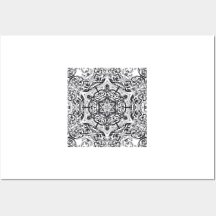 kaleidoscope bohemian chic sketch swirls black white mandala Posters and Art